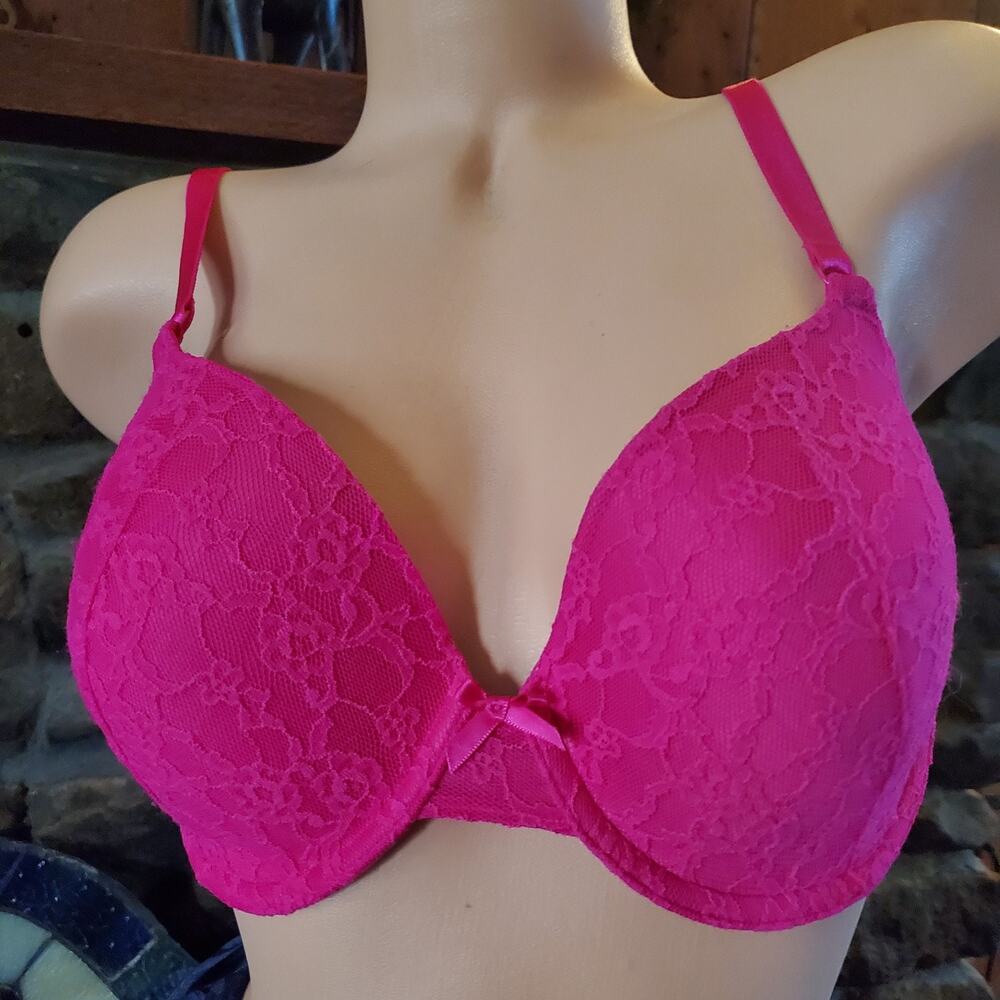 Victorias Secret Perfect Coverage Bra 34D Hot Pink Floral Lace Lined Underwire